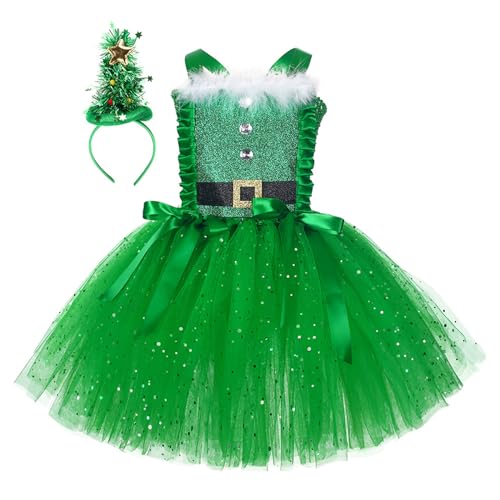 Aunaeyw Weihnachtskostüm für Kinder, Kleinkind, Mädchen, ärmellos, Feen-Dekorationen, geschwollenes Prinzessinnenkleid mit Stirnband, Party-Outfit, 2-teilig (grün, 2–3T) von Aunaeyw