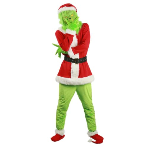 Aunaeyw Weihnachtsmann-Kostüm-Set für Erwachsene, Kinder, luxuriös, pelzig, Kostüm, Halloween, Weihnachten, lustiges Cosplay-Kostüm-Requisiten, Grün von Aunaeyw