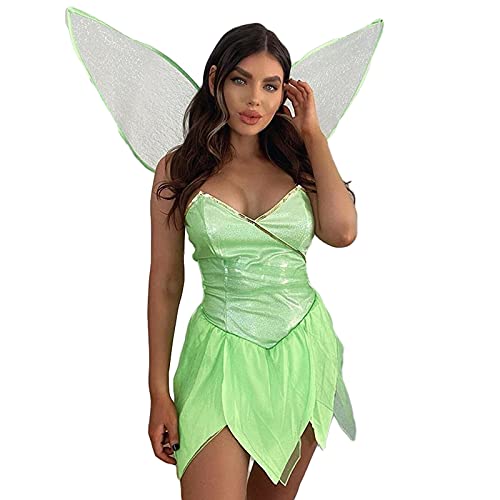Aunaeyw Women's Elf Fairy Cosplay Costume Halloween Forest Fairy Princess Dress Sexy Sequin Tube Tops Short Dresswith Wings Dress Up Party Favor (Green, L) von Aunaeyw