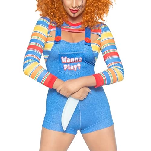Aunaeyw Zweiteiliges Halloween-Kostüm für Damen, gruseliger Albtraum-Killer, Puppe, Wanna Play, Filmfigur, Bodysuit, Chucky-Puppe, Kostüm-Set, B-Blau, 36 von Aunaeyw