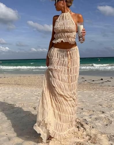 Aunaeyw Zweiteiliges Sommer-Outfit für Damen, ärmellos, gerüscht, Neckholder, Cami-Tops und langer Rock, Strandmode, Aprikose, Größe XL von Aunaeyw