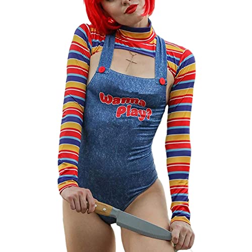 Damen Zweiteilige Halloween Kostüme Scary Nightmare Killer Doll Wanna Play Movie Character Bodysuit Chucky Doll Costume Set (A-Blue, M) von Aunaeyw