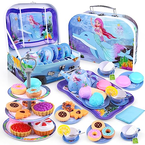 Auney 36 Pcs Teeservice Kinder,Meerjungfrau Spielzeug Kinderküche Zubehör Tragekoffer mit Zinn Tee Set,Mermaid Tea Service Kindergeschirr Spielküche Teeparty Rollenspiel für Geschenk Mädchen Spielzeug von Auney