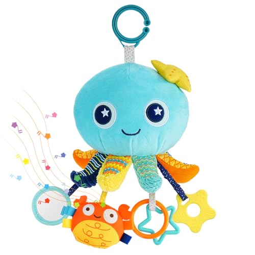 Auniq Baby Plüsch Musikspielzeug Kinderwagen Spielzeug, Clip on Kinderwagen Spielzeug Oktopus Baby Sinnesspielzeug Hängendes Plüschtier mit Rassel Musikalisches Lernspielzeug für Babys 0-12 Monate von Auniq