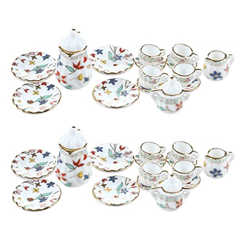 AuntYou 30 Stueck Miniatur Puppenhaus Geschirr Porzellan Tee Set Geschirr Cup Teller Blumendruck von AuntYou