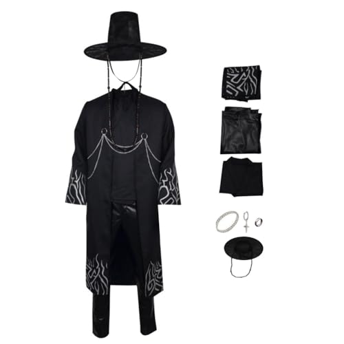 Auoctey Sajaboy Jinu-Kostüm für Jungen, Dämonenjäger-Kostüm, Cosplay, Kpops, Sajaboy, Jinu-Kostüm, Mantel, Hemd, Hose, Gürtel, Hut, Outfit, Halloween, Anzug für Herren, Schwarz, Größe S von Auoctey