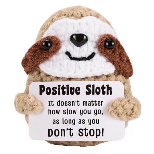 Auony Mini Lustiges Positives Faultier, 3,4 Zoll Strickpuppe mit Positiver Karte Emotionale Unterstützung Häkelpuppe Jubeln Geschenk für Familie Freunde von Auony