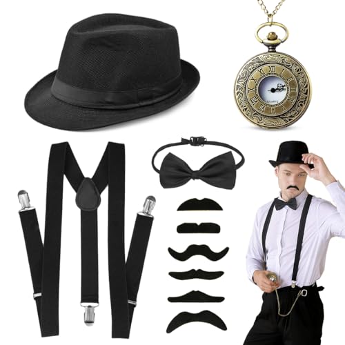 Aurasky 20er Jahre Herren Accessoires, Mafia Kostüm Zubehör Herren, 20er Rockabilly Outfit mit Gangster Hut Hosenträger Taschenuhr Fliege Bart Plastik Kostüm für Karneval Halloween Partys von Aurasky