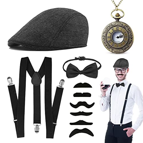 Aurasky 20er Jahre Herren Accessoires, Mafia Kostüm Zubehör Herren, 20er Rockabilly Outfit mit Gangster Hut Hosenträger Taschenuhr Fliege Bart 1920s Kostüm für Karneval Halloween Partys von Aurasky