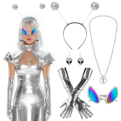Aurasky Alien Kostüm Set, Alien Kostüm Zubehör, 5 Stück Alien Haarreif Ohrringe Silberne Handschuhe und Alien Brille, Alien Damen Space Costume für Karneval Halloween Cosplay Maskerade Aurasky Alien Kostüm Set, Alien Kostüm Zubehör, 5 Stück Alien Haarreif Ohrringe Silberne Handschuhe und Alien Brille, Alien Damen Space Costume für Karneval Halloween Cosplay Maskerade von Aurasky