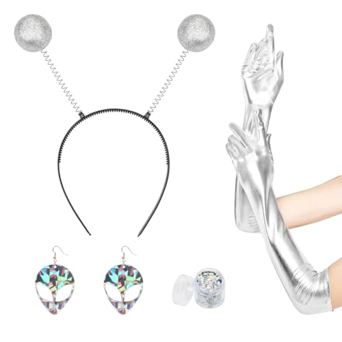 Aurasky Alien Kostüm Zubehör, Alien Haarreif + Ohrringe + Handschuhe + Holografischer Glitter, Space Girl Accessories, Weltall Kostüm Damen, Alien Accessoires für Karneval Fasching Halloween Party Aurasky Alien Kostüm Zubehör, Alien Haarreif + Ohrringe + Handschuhe + Holografischer Glitter, Space Girl Accessories, Weltall Kostüm Damen, Alien Accessoires für Karneval Fasching Halloween Party von Aurasky