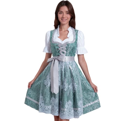 Aurasky Dirndl Damen, Trachtenkleid Damen Grün, inkl. Trachtenrock Dirndlbluse Spitzenschürze 3 teilig, für Oktoberfest Party von Aurasky