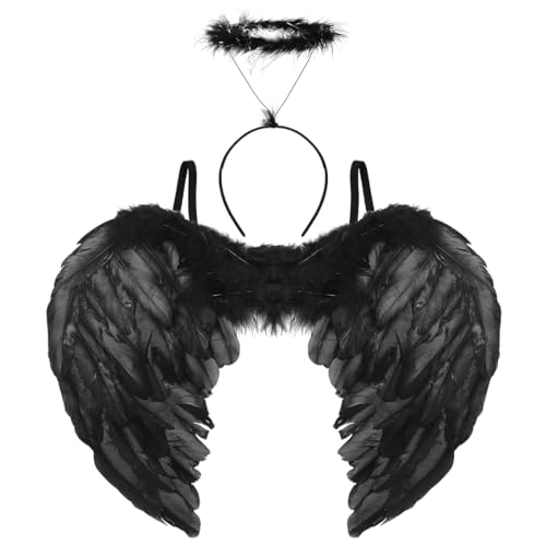 Aurasky Engelsflügel Schwarz mit Heiligenschein, Teufel Kostüm Damen, Schwarzer Engel Kostüm, Angel Wings für Kinder Erwachsene Halloween Karneval Maskerade Fasching Party Cosplay von Aurasky