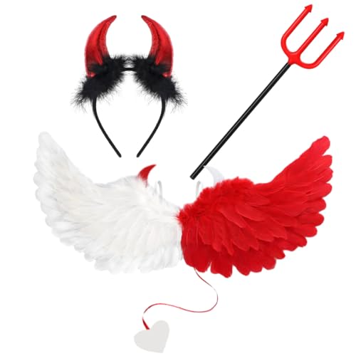 Engelsflügel Weiß Rot, Engel Kostüm mit Teufelshörner Dreizack, Teufel Kostüm Damen, Angel Wings für Kinder Erwachsene Halloween Karneval Maskerade Fasching Party Cosplay von Aurasky