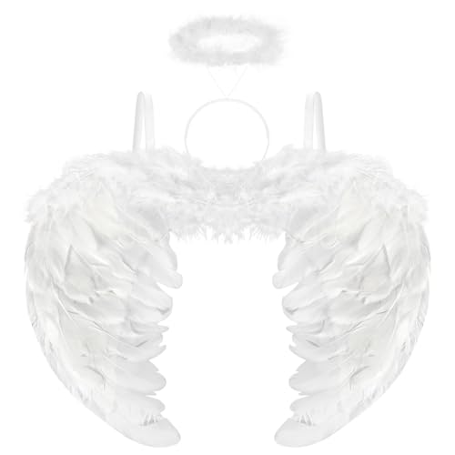 Aurasky Engelsflügel Weiß mit Heiligenschein, Engel Kostüm, Engelsflügel Weiß Groß, Engel Flügel, Angel Wings für Kinder Erwachsene Halloween Karneval Maskerade Fasching Party Cosplay von Aurasky