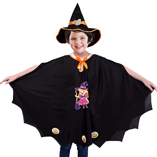 Aurasky Halloween Kostüm Kinder, Costume Strega Bambini, Fasching Kostüme Schwarz, Umhang mit Hut für Halloween Cosplay Party, Geeignet für Höhe 100-150cm von Aurasky