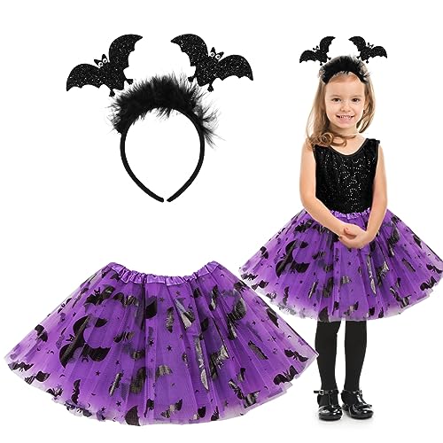 Aurasky Hexenkostüm Kinder, Halloween Kostüm Mädchen, Fledermaus Rock mit Haarband, Hexe Tutu Lila, Hexe Kostüm für Karneval Halloween Fasching Cosplay Party von Aurasky