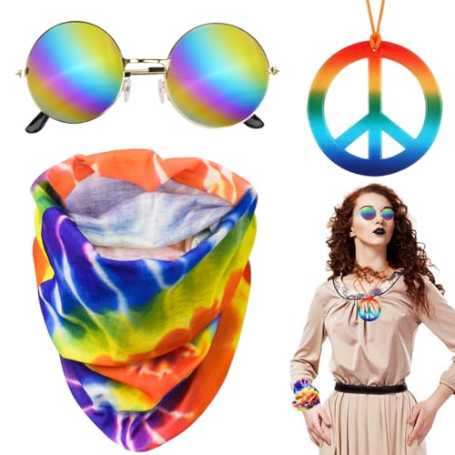 Aurasky Hippie Accessoires Hippie Kostüm Zubehör, 60er Jahre Outfit 70er Jahre Accessoires, Hippie Kleidung mit Retro Brille Halskette Hippie Stirnband für 60er 70er 80er Party Zubehör von Aurasky