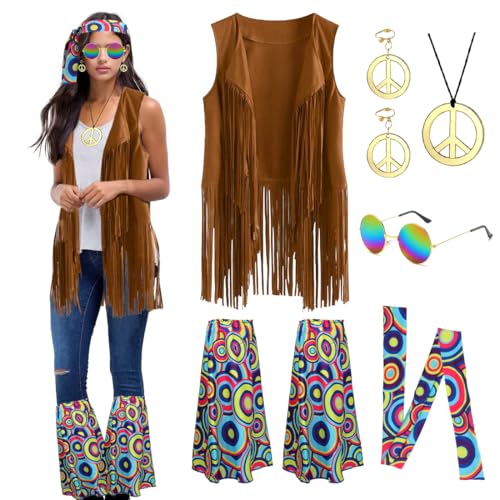 Aurasky Hippie Kostüm Damen, Hippie Fransenweste Brille Peace Kette Ohrringe Haarband Beinstulpen, 60er 70er Jahre Bekleidung Damen, Hippie Accessoires für Mottoparty Fasching Karneval -A Aurasky Hippie Kostüm Damen, Hippie Fransenweste Brille Peace Kette Ohrringe Haarband Beinstulpen, 60er 70er Jahre Bekleidung Damen, Hippie Accessoires für Mottoparty Fasching Karneval -A von Aurasky