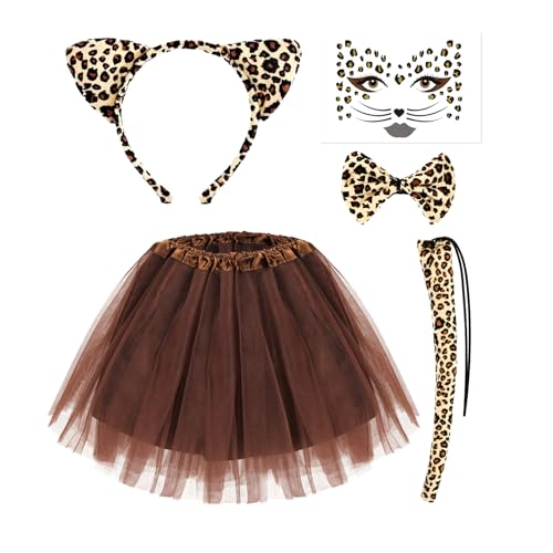 Aurasky Leoparden Kostüm Set, Leoparden Ohren Haarreif + Leoparden Tattoo Gesicht + Braun Tüllrock + Schwanz +Fliege, Tierkostüm für Kinder Karneval Fasching Halloween Cosplay Aurasky Leoparden Kostüm Set, Leoparden Ohren Haarreif + Leoparden Tattoo Gesicht + Braun Tüllrock + Schwanz +Fliege, Tierkostüm für Kinder Karneval Fasching Halloween Cosplay von Aurasky