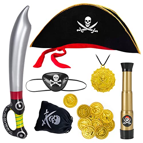 Aurasky Piraten Kostüm zubehör Kinder 7-teilig,Piratenhut Augenklappe Fernrohr Piratensäbel Totenkopfbeutel Goldenen Münzen für Kinder,Pirat Kostüm Zubehör Jungen und Mädchen für Fasching Karneval Aurasky Piraten Kostüm zubehör Kinder 7-teilig,Piratenhut Augenklappe Fernrohr Piratensäbel Totenkopfbeutel Goldenen Münzen für Kinder,Pirat Kostüm Zubehör Jungen und Mädchen für Fasching Karneval von Aurasky