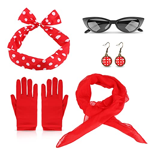 Aurasky Rockabilly Accessoires 50er Jahre, Kostüm Damen Zubehör Rot, Kleidung Vintage Zubehör 60er mit Stirnband Schal Brille Handschuhe Kleid für Karneval Motoparty Retro Teily Party Aurasky Rockabilly Accessoires 50er Jahre, Kostüm Damen Zubehör Rot, Kleidung Vintage Zubehör 60er mit Stirnband Schal Brille Handschuhe Kleid für Karneval Motoparty Retro Teily Party von Aurasky
