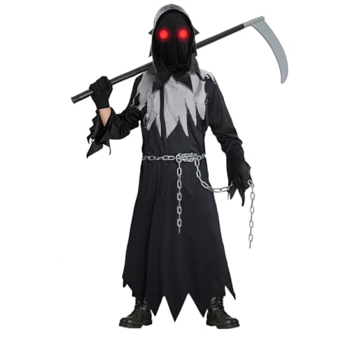 Aurasky Sensenmann Kostüm Kinder, Halloween Kostüm Kinder mit Kapuze Sense Brille Geisterketten, Horror Gruselige Kostüme für Halloween Cosplay Dress Up Party Aurasky Sensenmann Kostüm Kinder, Halloween Kostüm Kinder mit Kapuze Sense Brille Geisterketten, Horror Gruselige Kostüme für Halloween Cosplay Dress Up Party von Aurasky