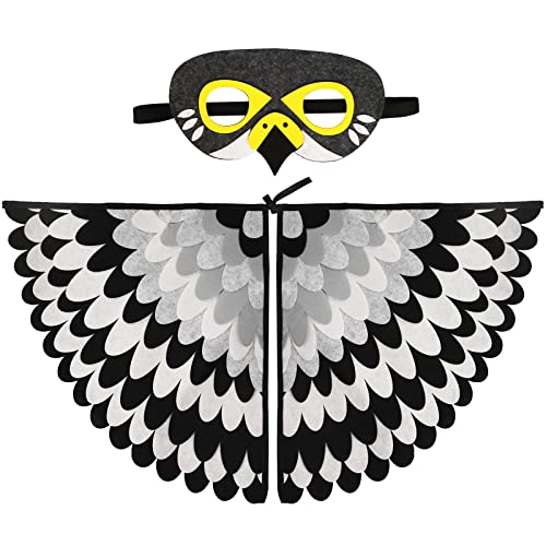 Aurasky Vogelflügel Kostüm Umhang Kinder, Vogelkostümkinder Eulen Kostüm mit Filzaugen Maske, Kostüm Vogeleule Vogel Papagei Geschenk für Jungen Mädchen Halloween Karneval Cosplay Party（Schwarz weiß von Aurasky