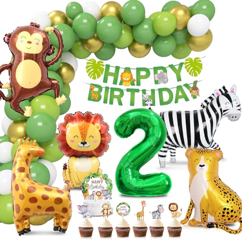 Dschungel Deko 2 Geburtstag, Luftballon 2. Geburtstag, Wild Two Geburtstag Deko, Folienballon Waldtiere, Ballons Grün Tortendeko Tiere, Safari Geburtstagsdeko für Mädchen Junge von Aurasky