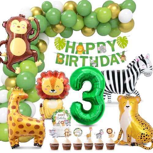 Dschungel Deko 3 Geburtstag, Luftballon 3. Geburtstag, Wild Three Geburtstag Deko, Folienballon Waldtiere, Ballons Grün Tortendeko Tiere, Safari Geburtstagsdeko für Mädchen Junge von Aurasky