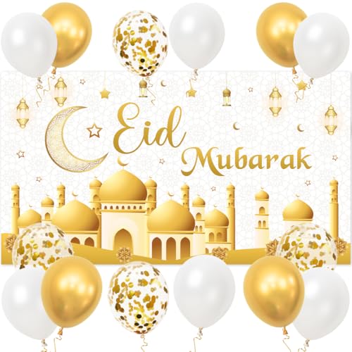 EID Mubarak Dekoration, EID Mubarak Hintergrund Banner, Ramadan Luftballons Weiß Gold Confetti, Ramadan Kareem Deko für Islam Eid Dekoration Partyzubehör EID Mubarak Dekoration, EID Mubarak Hintergrund Banner, Ramadan Luftballons Weiß Gold Confetti, Ramadan Kareem Deko für Islam Eid Dekoration Partyzubehör von Aurasky