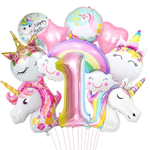 Luftballon Einhorn 1, 3D Folienballon Einhorn, Zahl 1 Folienballon, XXL Unicorn Ballon Set, Luftballon Regenbogen Stern Herz, für Mädchen Geburtstags Festival Party Dekoration von Aurasky