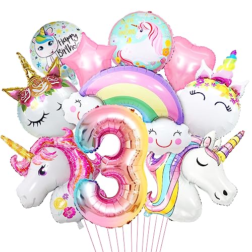 Luftballon Einhorn 3, 3D Folienballon Einhorn, Zahl 3 Folienballon, XXL Unicorn Ballon Set, Luftballon Regenbogen Stern Herz, für Mädchen Geburtstags Festival Party Dekoration von Aurasky