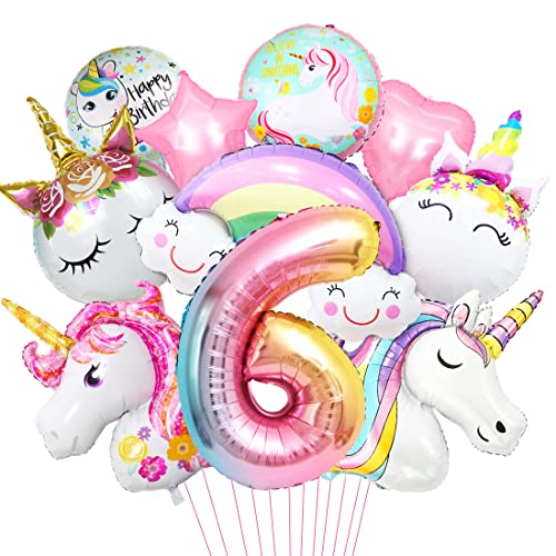 Luftballon Einhorn 6, 3D Folienballon Einhorn, Zahl 6 Folienballon, XXL Unicorn Ballon Set, Luftballon Regenbogen Stern Herz, für Mädchen Geburtstags Festival Party Dekoration von Aurasky
