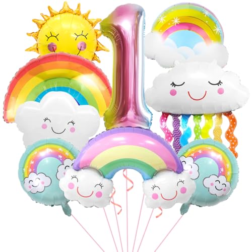 Regenbogen Geburtstagsdeko 1, Folienballon Wolken, Zahl 1 Ballon, Luftballons Wolken Quasten, Helium Ballon Sonne, für Jungen Mädchen Geburtstag Party Dekoration von Aurasky