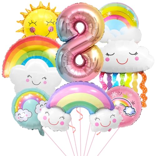 Regenbogen Geburtstagsdeko 8, Folienballon Wolken, Zahl 8 Ballon, Luftballons Wolken Quasten, Helium Ballon Sonne, für Jungen Mädchen Geburtstag Party Dekoration von Aurasky