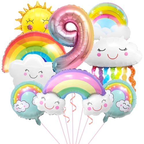 Regenbogen Geburtstagsdeko 9, Folienballon Wolken, Zahl 9 Ballon, Luftballons Wolken Quasten, Helium Ballon Sonne, für Jungen Mädchen Geburtstag Party Dekoration von Aurasky