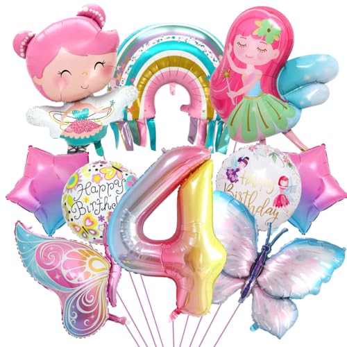 Schmetterling Deko Geburtstag, Luftballon 4. Geburtstag, Feen Deko, Regenbogen Stern Folienballon für Mädchen Jubiläum Motto Party Dekoration von Aurasky