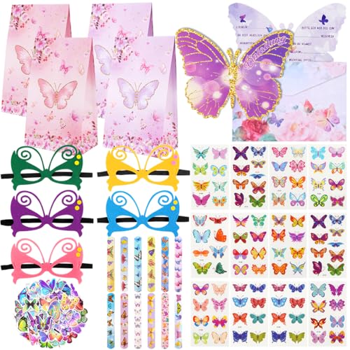 Schmetterling Party Mitgebsel Kindergeburtstag, Schmetterling Geburtstagsdeko Party Zubehör, 12 Geschenktüten+12 Mask+12 Klatscharmbänder+12 Tattoo+12 Einladungskarte+50 Aufkleber Schmetterling Party Mitgebsel Kindergeburtstag, Schmetterling Geburtstagsdeko Party Zubehör, 12 Geschenktüten+12 Mask+12 Klatscharmbänder+12 Tattoo+12 Einladungskarte+50 Aufkleber von Aurasky