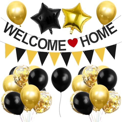 Welcome Home Deko, Welcome Home Banner Wimpelkette, Luftballons Schwarz Gold Stern Konfetti, Willkommen Zuhause Deko, für Babyshower Familienfeiern Einweihung Party Dekoration Welcome Home Deko, Welcome Home Banner Wimpelkette, Luftballons Schwarz Gold Stern Konfetti, Willkommen Zuhause Deko, für Babyshower Familienfeiern Einweihung Party Dekoration von Aurasky