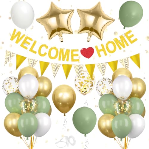 Willkommen Zuhause Deko, Willkommen Zuhause Girlande, Luftballons Grün Gold Konfetti, Welcome Home Banner Wimpelkette, für Babyshower Familienfeiern Einweihung Party Dekoration Willkommen Zuhause Deko, Willkommen Zuhause Girlande, Luftballons Grün Gold Konfetti, Welcome Home Banner Wimpelkette, für Babyshower Familienfeiern Einweihung Party Dekoration von Aurasky