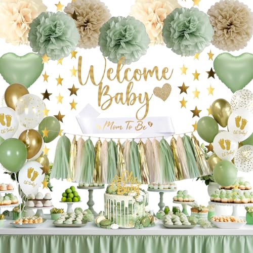 Salbeigrünes Babyparty-Dekorationsset – neutrales Geschlechtsoffenbarungs-Partyzubehör, Willkommens-Banner, Kuchendekoration, Luftballons, Pompons, Blumen, Quasten, Stern-Dekoration für Jungen, Baby von Aurasys