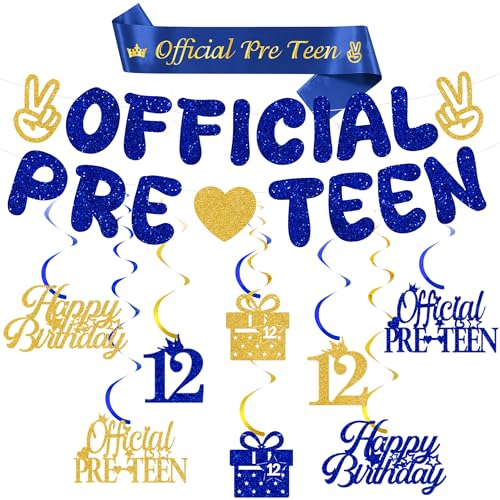 12 Geburtstag Banner Dekorationen für Jungen - Offizielle Pre-Teen Banner Blau Gold Hängende Wirbel Luftschlangen, Stoff Schärpe mit Glitzer Geeignet für 12 Jahre Alt Party Dekoration 12 Geburtstag Banner Dekorationen für Jungen - Offizielle Pre-Teen Banner Blau Gold Hängende Wirbel Luftschlangen, Stoff Schärpe mit Glitzer Geeignet für 12 Jahre Alt Party Dekoration von Aurmonigo