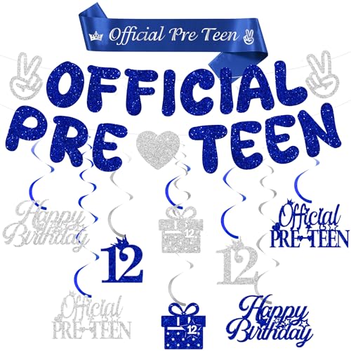 12 Geburtstag Banner Dekorationen für Jungen - Offizielle Pre-Teen Banner Blau Silber Hängende Wirbel Luftschlangen, Stoff Schärpe mit Glitzer Geeignet für 12 Jahre Alt Party Dekoration 12 Geburtstag Banner Dekorationen für Jungen - Offizielle Pre-Teen Banner Blau Silber Hängende Wirbel Luftschlangen, Stoff Schärpe mit Glitzer Geeignet für 12 Jahre Alt Party Dekoration von Aurmonigo