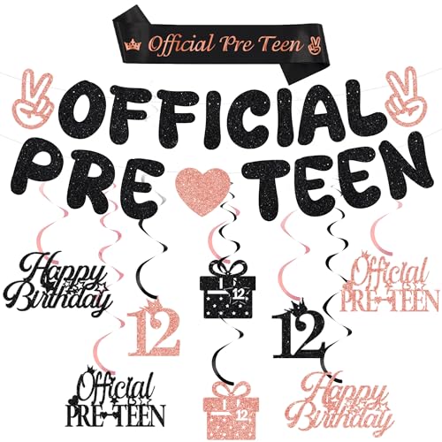12 Geburtstag Banner Dekorationen für Mädchen - Offizielle Pre-Teen Banner Schwarz Rose Gold Hängende Wirbel Luftschlangen, Stoff Schärpe mit Glitzer Geeignet für 12 Jahre Alt Party Dekoration von Aurmonigo