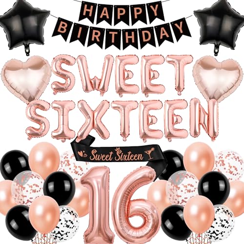 16th Birthday Decorations Sweet Sixteen - Black Rose Gold Happy Birthday Banner Number Letter Foil Balloons, Sash for 16 Years Old Boys Party Decoration Supplies 16th Birthday Decorations Sweet Sixteen - Black Rose Gold Happy Birthday Banner Number Letter Foil Balloons, Sash for 16 Years Old Boys Party Decoration Supplies von Aurmonigo