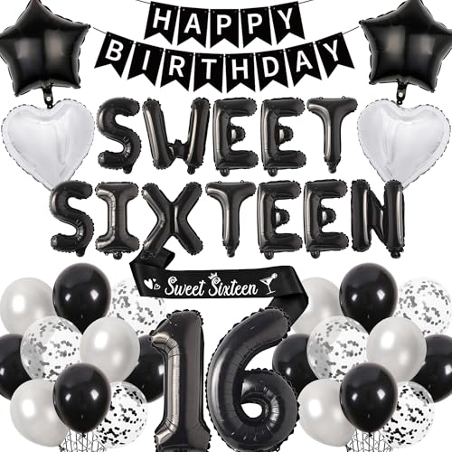 16th Birthday Decorations Sweet Sixteen - Black and Silver Happy Birthday Banner Number Letter Foil Balloons, Sash for 16 Years Old Boys Party Decoration Supplies 16th Birthday Decorations Sweet Sixteen - Black and Silver Happy Birthday Banner Number Letter Foil Balloons, Sash for 16 Years Old Boys Party Decoration Supplies von Aurmonigo
