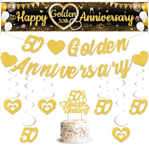 50th Happy Weeding Anniversary Decorations - Golden 50 Banner Happy Banner Glitter Hanging Swirl Cake Topper Decoration Supplies Suitable for 50th Anniversary Golden Wedding Party von Aurmonigo