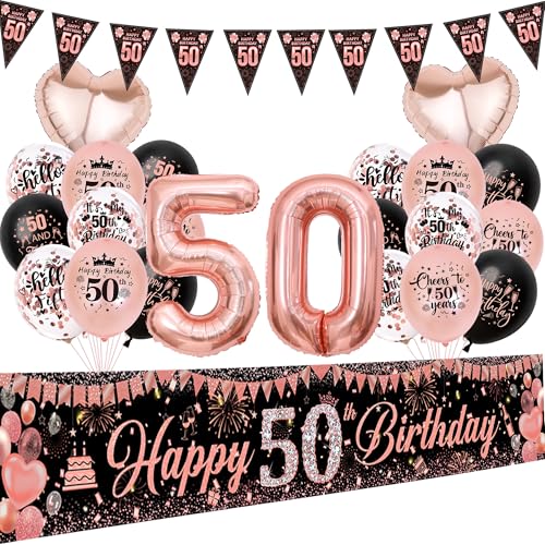 Aurmonigo 50 Geburtstag Dekorationen für Frauen - 33 Stück Roségold Happy 50 Birthday Banner Party Ballons Wimpelkette, Konfetti Latexfolienballon für 50 Jahre alte Dekoration Supplies von Aurmonigo