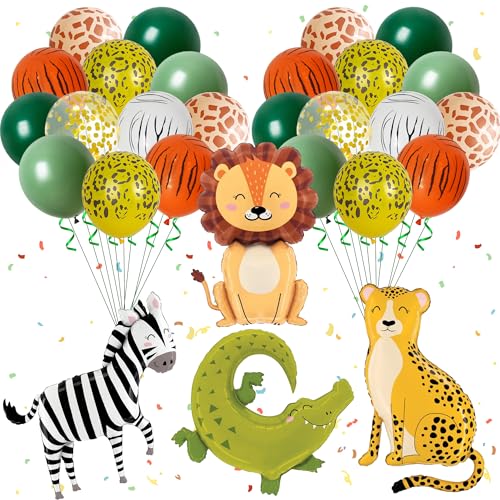 Aurmonigo Dschungelsafari-Tier-Luftballons – 24 Stück Tier-Party-Dekorationen mit Zebra-Tiger-Leoparden-Giraffen-Folienballons für Babyparty, Geburtstagsparty, Themen-Dekoration von Aurmonigo
